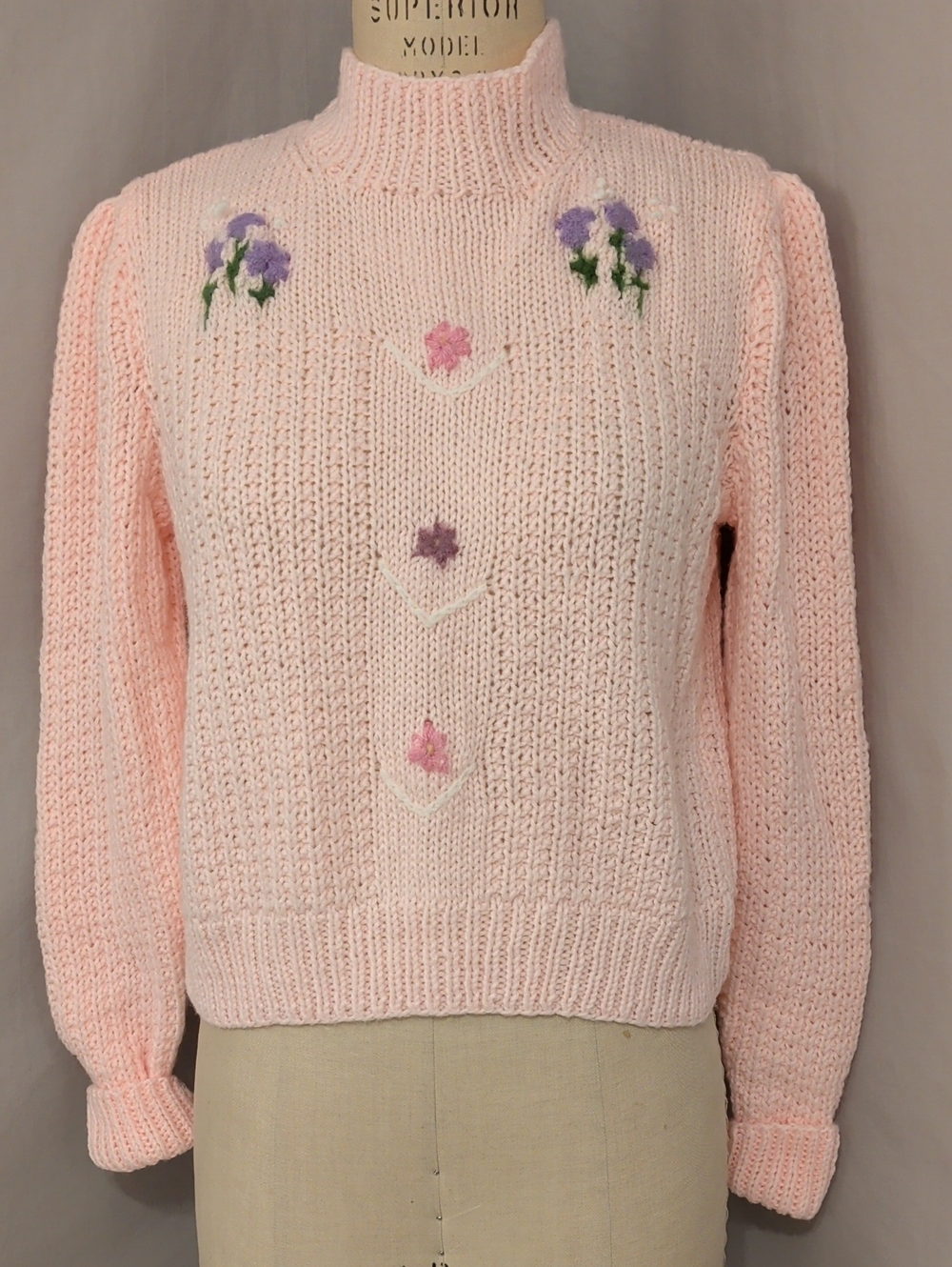 Vintage  Handmade Pale Pink Turtleneck Sweater with Embroidered Flowers